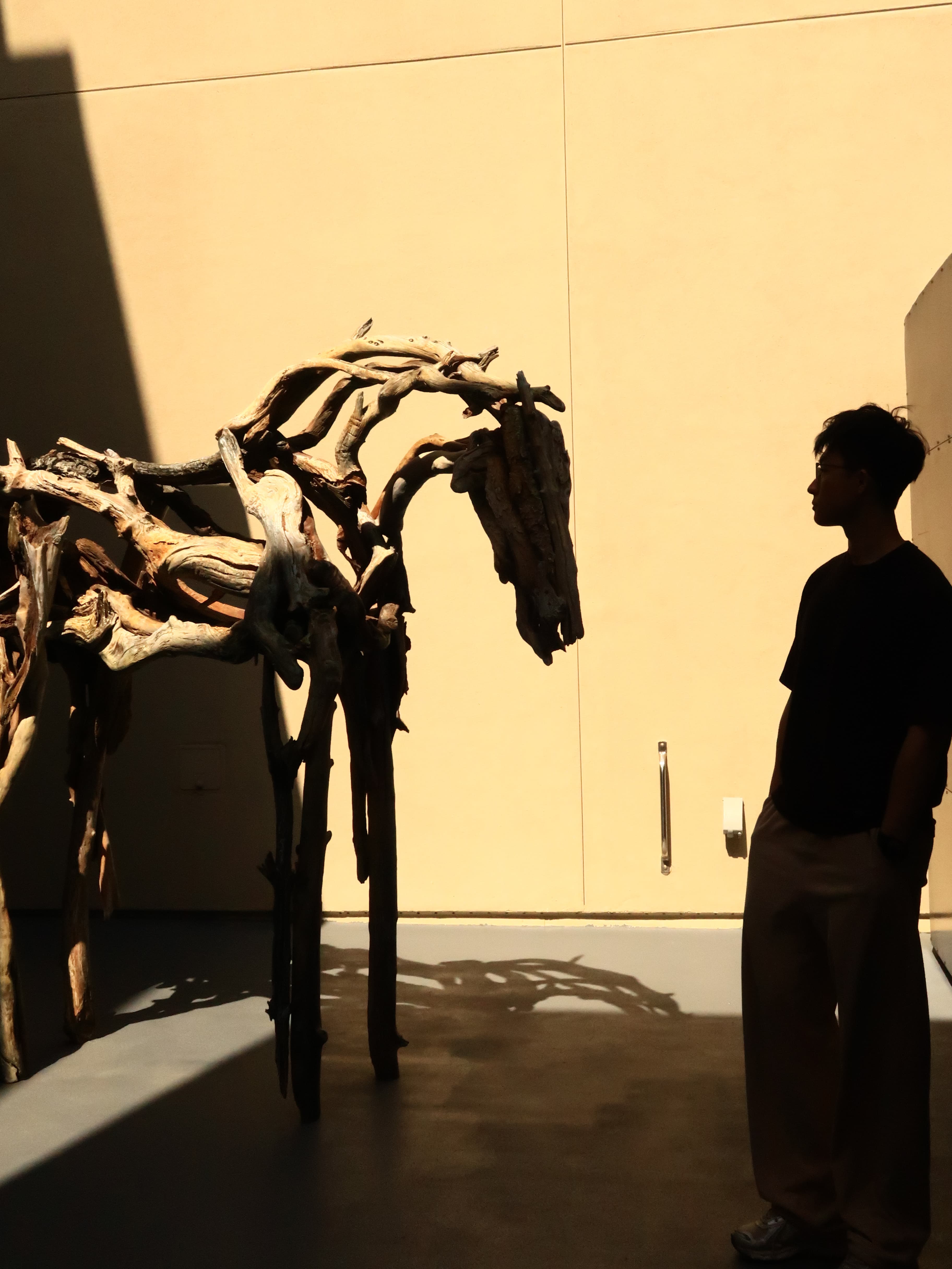 Silhouette beside a wood sculpture
